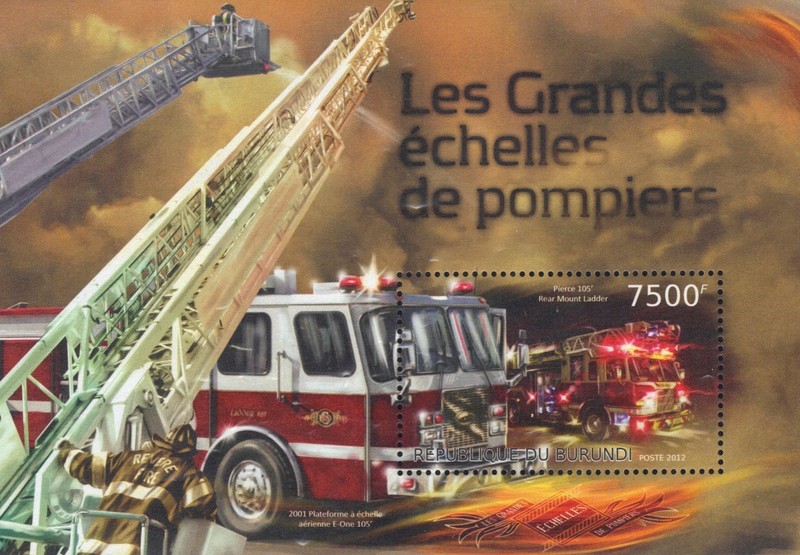 Fire / Republic of Burundi - Souvenir Sheet - Pierce 105' Rear Mount Ladder