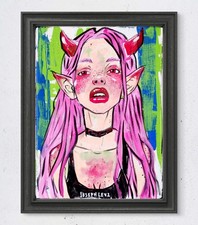 Multicolor Figurative Demon Woman 12x16 Hand Painted Wall Art Acrylic on Canvas