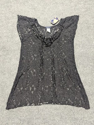 NWT Lavish Women's Black Lace Overlay See Through Embellished Statement Top 