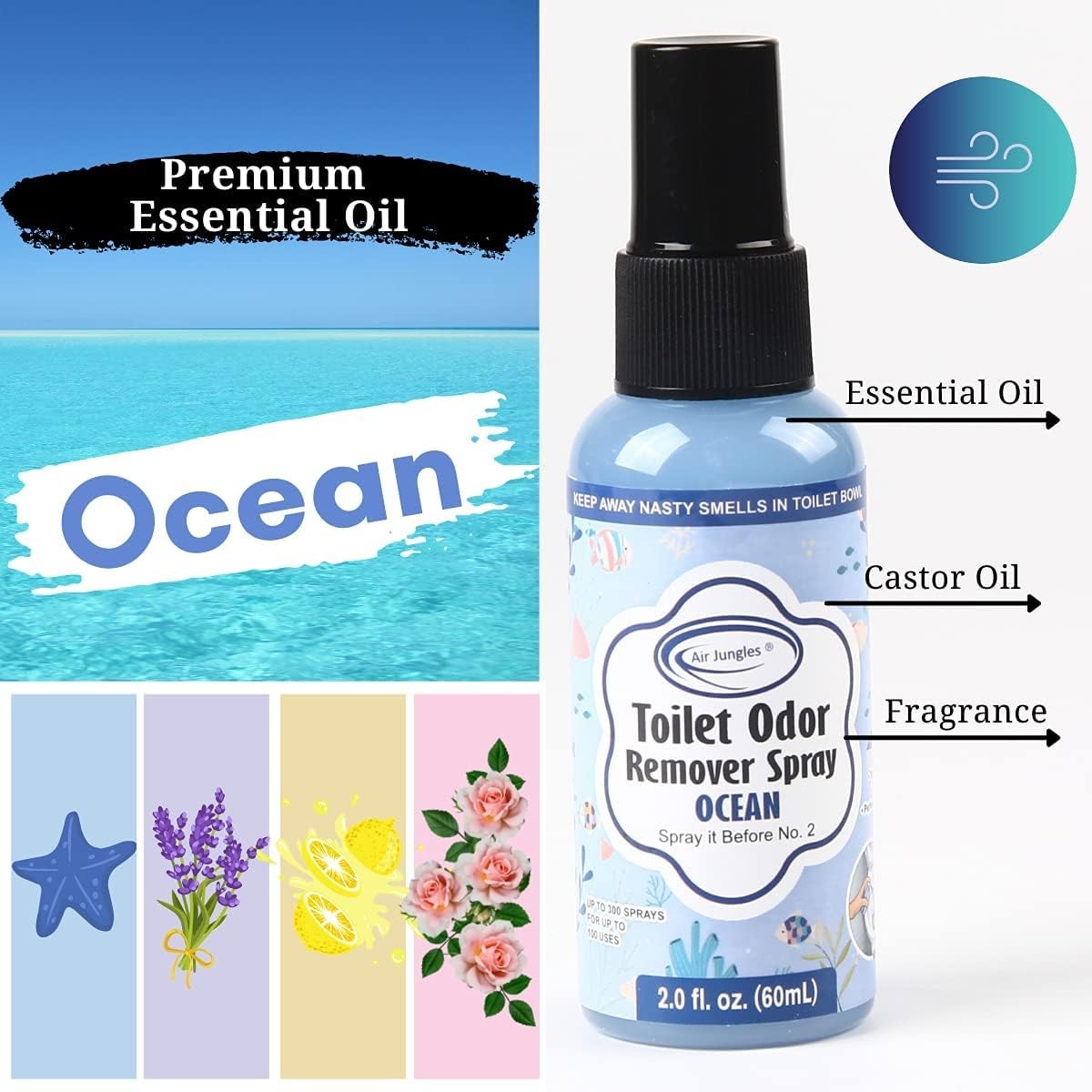 Toilet Poop Spray 2 Fl Oz (2 Count), Ocean Scent Oder Eliminator Spray Before...