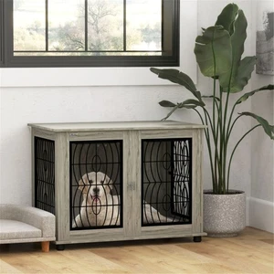 Large Dog Crate End Table with Secure Door and Grey Wood Finish