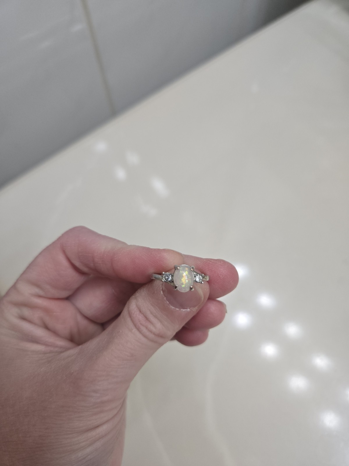 Silver Ring Oval Multicolor Opal with Accent Ston… - image 3