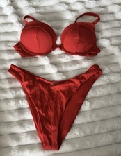 Red 3 Piece Women's Bikini Set S B Cup Adjustable Straps Cover-Up Skirt