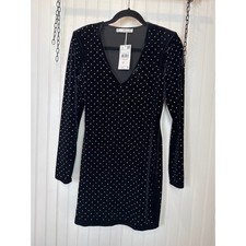 NWT MANGO Rhinestones Velvet Dress V-Neck Long Sleeve Mini Bodycon Size 4