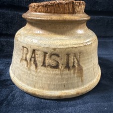 Studio Art Pottery Word Jar - Raisins - Container Jar With Cork Top SIGNED