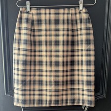 Vtg 90s Plaid Pencil Skirt Dark Navy Tan Lined Office Classic Preppy Academia