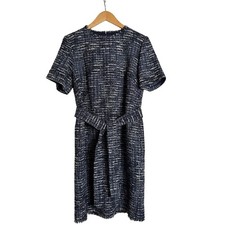 J. Peterman Metallic Tweed Dress Blue Black Frayed Hem Belted Short Sleeve Sz 12