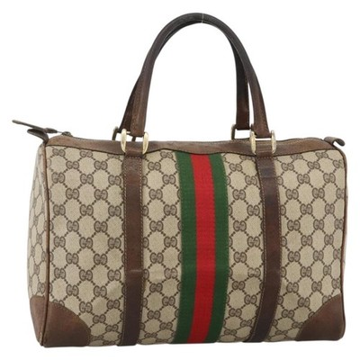 GUCCI GG Supreme Web Sherry Line Hand Bag PVC Beige Gold Auth