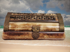 Old Vintage African Camel Bone Treasure Jewelry Trinket Box With Brass Trim