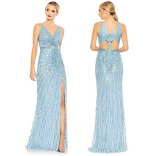 NWT Mac Duggal 5685 Powder Blue Faux Wrap Sequin Cutout Back Evening Gown Size 8