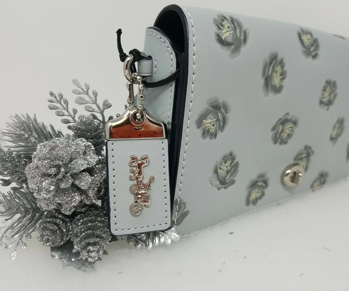 Coach Dinky Crossbody Glitter Rose Print In Sky Blue Silver