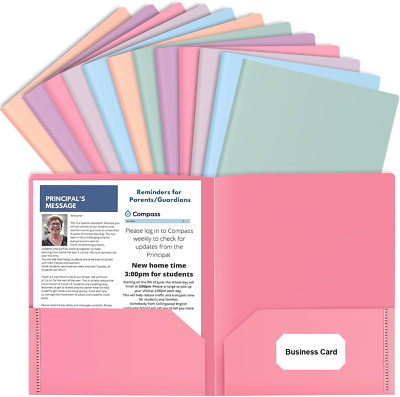 12 Pack Colored File Folders with Pockets and Business Card Holder, Pastel Decor