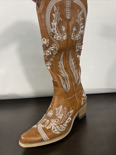 Women Western Cowgirl Knee High Boots Chunky Heel Pointed Toe Embroidered Boots - Picture 4 of 4