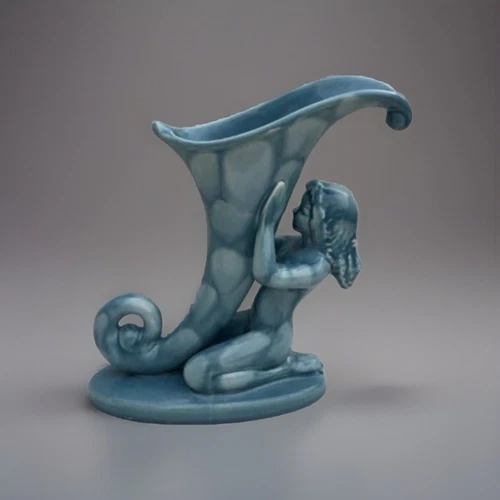 Royal Haeger Pottery Nymph Cornucopia Vase Girl Mottled Blue Aqua 1940's