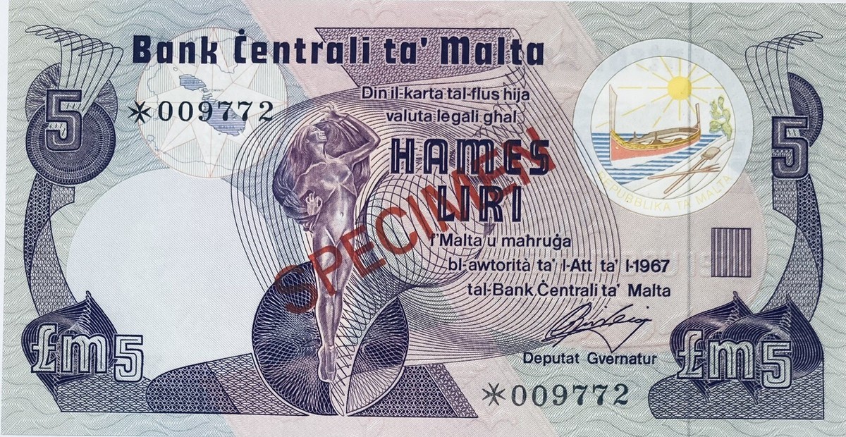 1979 MALTA 5 OLD MALTESE LIRA (POUNDS) SPECIMEN NOTE