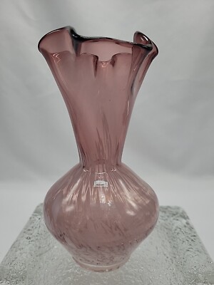 Vintage Pale Amethyst Lilac Hand-blown Art Glass Bud Vase White Swirl Ruffle Rim