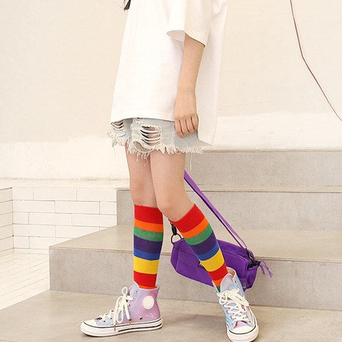 Fashion Rainbow Stripe Kids Girl Boy Autumn Elastic Knee High Socks Stockings - Picture 5 of 11