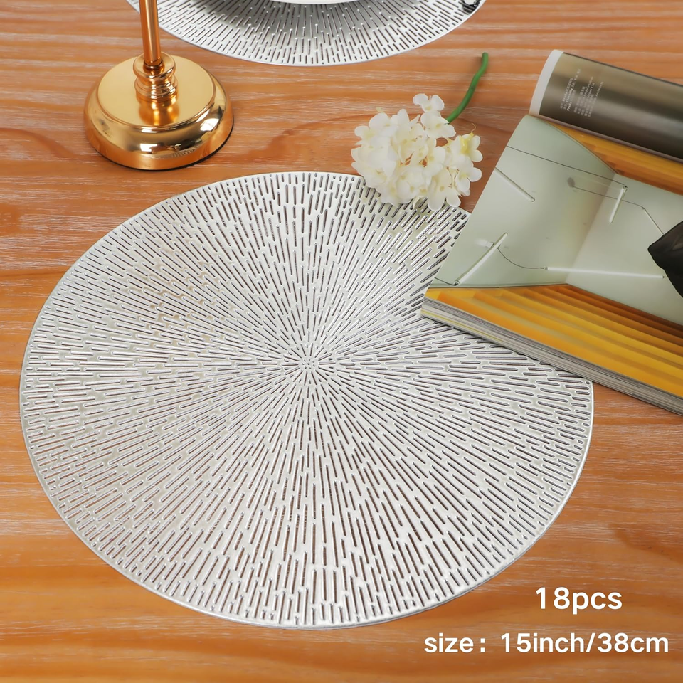 Silver round Placemats Set of 18, 15'' Metallic Pressed Vinyl Placemats