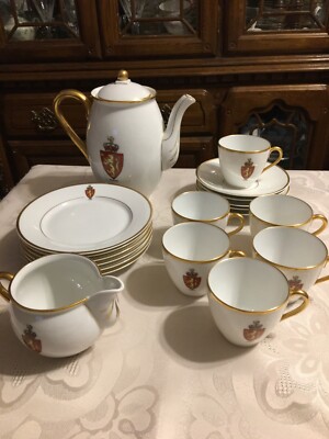 Vintage Porsgrun Norway Coat of Arms, Lion NORGE Tea Pot, Cups Saucers, Creamer