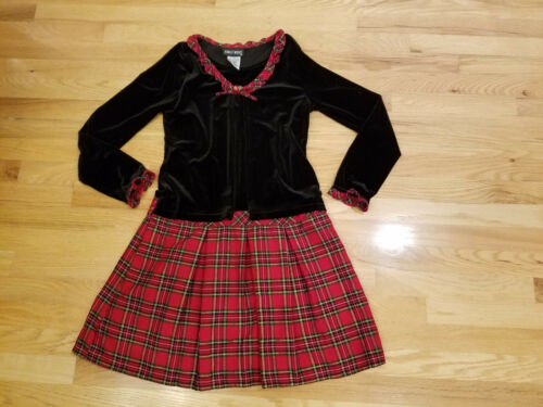 Preowned Girls Emily West Long Sleeve Velvet Jacket Dress Pleated Red Plaid  16 - Picture 1 of 8
