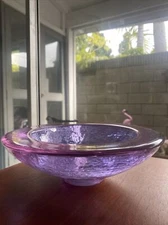 RARE SIGNED FIRE AND LIGHT PURPLE 10.75” GLASS BOWL