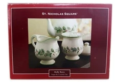 St Nicholas Square HOLLY BERRY Covered Sugar Dish, Creamer Pitcher NIB
