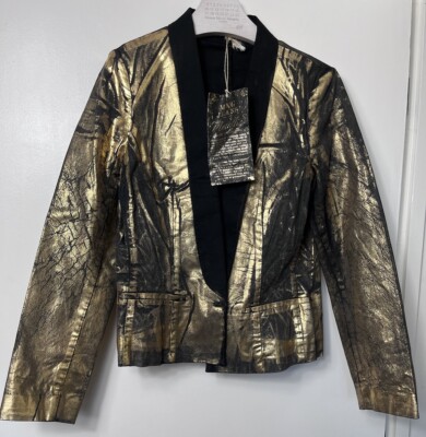 MNG JEANS Mango Metallic Gold Painted Jacket Blazer Size L UK