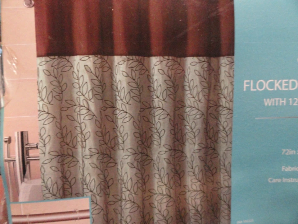 NWD 13 piezas CORTINA DE DUCHA de tela azul verdoso polvoriento hojas marrones flocadas -mancha- Foto 4 de 4