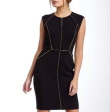REBECCA TAYLOR Dress Womens 6 Black Shift Gold Zipper Seams Sleeveless S035