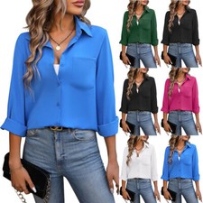 Womens Button Down Long Sleeve Shirt Casual Work Office Blouse Top V Neck Shirt