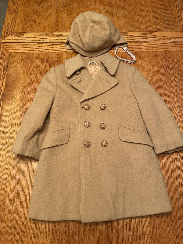 Vintage Child’s Overcoat and Hat, Tan Wool, Unisex Sz 5, Solitaire, Lined
