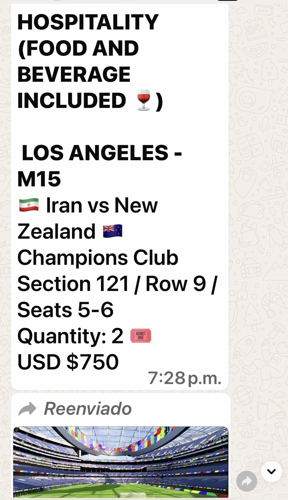 Iran vs New Zealand Soccer 6/15/2026 6PM SoFi Stadium Inglewood CA Hosp S121 R9