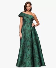 Xscape Dark Green Jacquard One-Shoulder Ball Gown Size 8 Petite