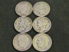 Silver Lot of 6 Barber,Mercury, Roosevelt Dimes.90% Silver. Circulated.