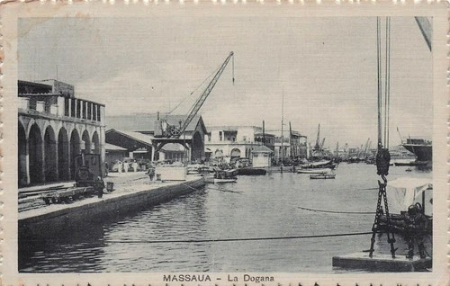 70-5C) ERITREA MASSAUA CUSTOMS STAMP COLONY TRAVELLED BERGAMO