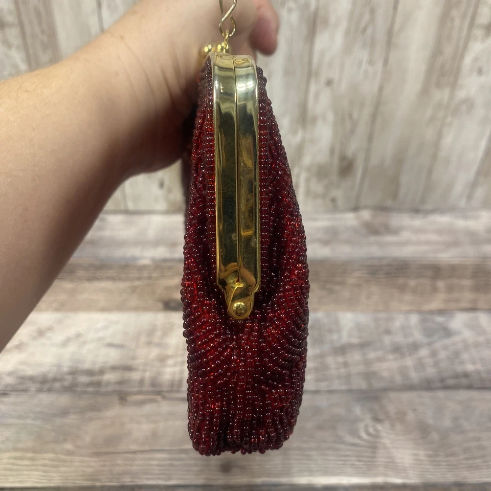 Beaded Floral Red Gold Bag Clutch Vintage Inspired - Image 4 of 4
