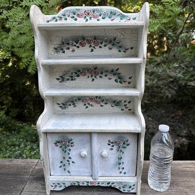 Vintage Wood Hand Painted Crackle Knick Knack Trinket Shelf Mini Hutch Cabinet