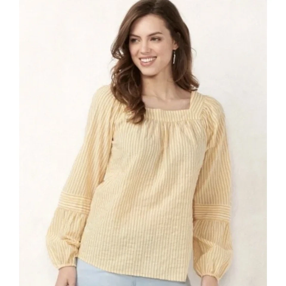 LC Lauren Conrad Peasant Top Women's M Yellow White Striped Long Balloon Sleeves - Imagem 2 de 4
