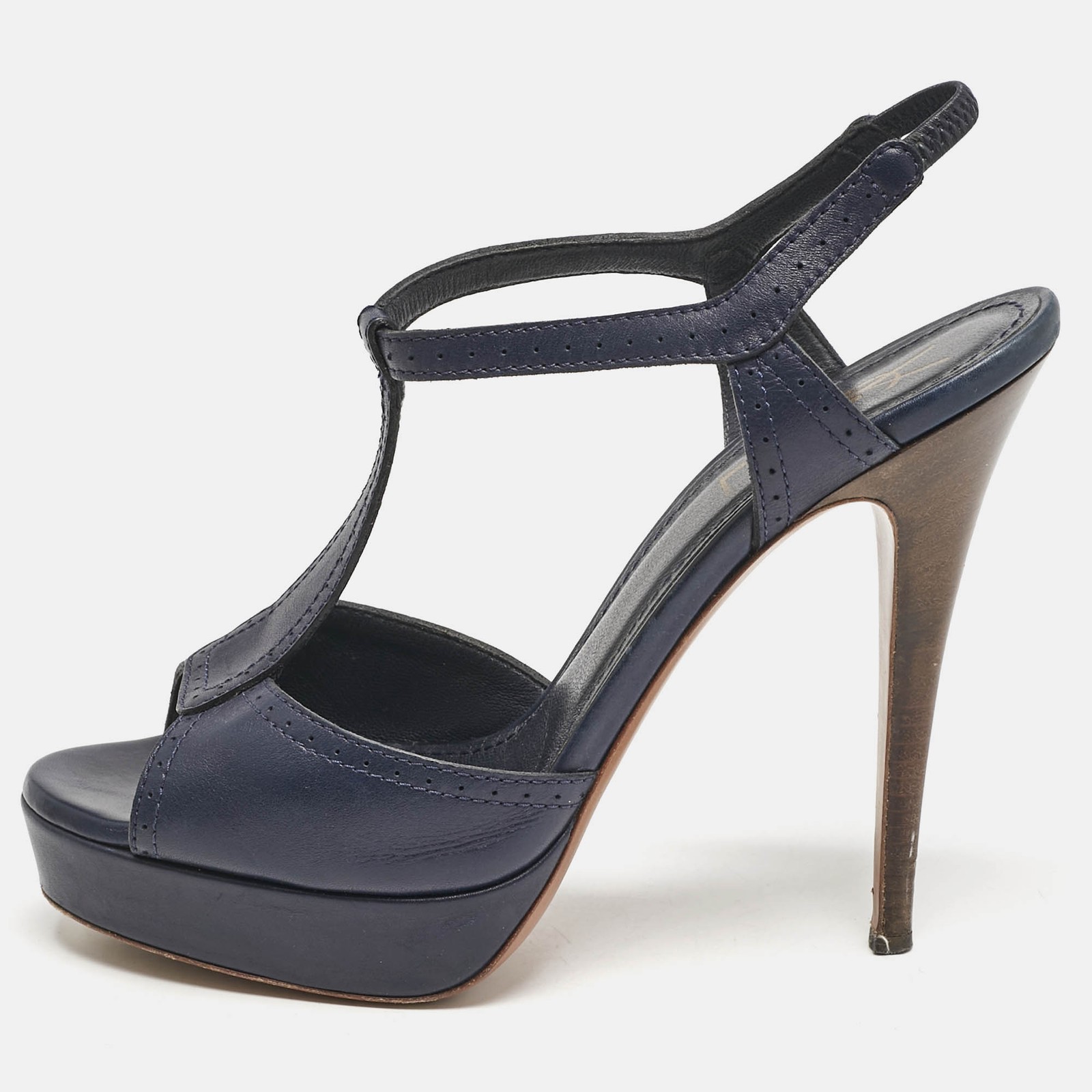 Sandali Yves Saint Laurent blu navy in pelle con cinturino a T e plateau taglia 38 5