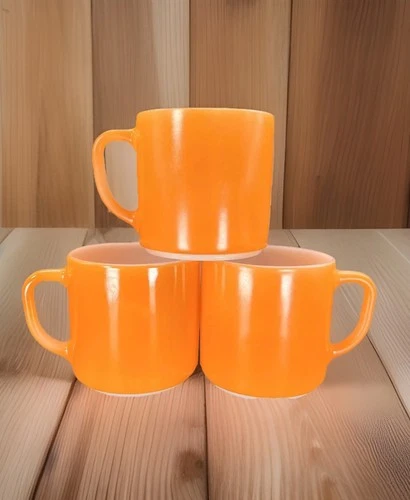 3 Federal Glass Coffee Mugs Orange D Handle Tea Hot Coca Retro MCM Vintage