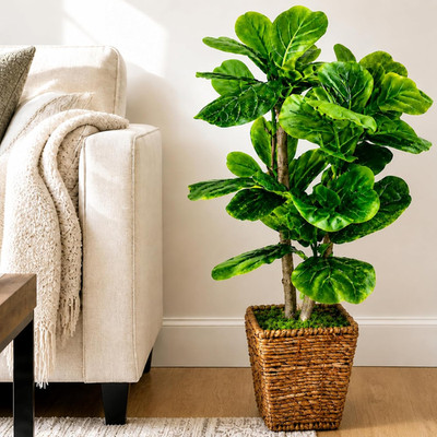 Fake Plant 3Ft Faux Fiddle Leaf Fig Tree in Premium Woven Basket by LCG Florals,
