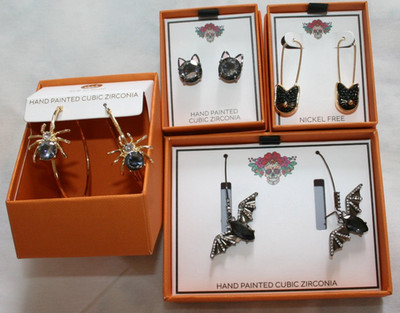 CAT BAT SPIDER shaped gold tone metal cubic zirconia earrings $16.99 EACH BOX!