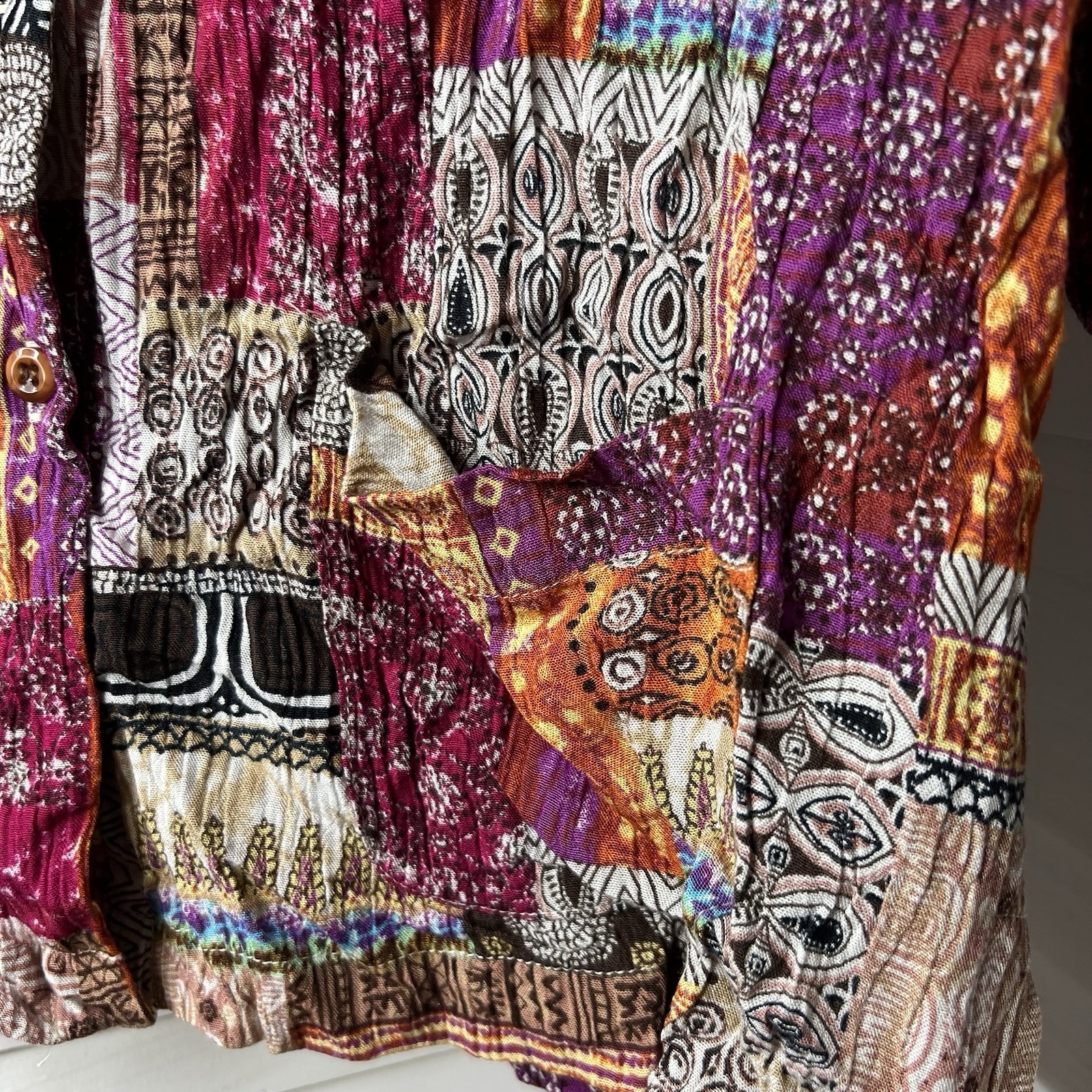 Islander Crinkle Rayon Patchwork Button Down Top … - image 3