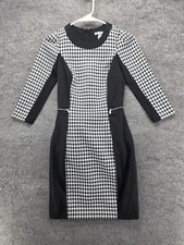 H&M Dress Womens 2 Black Houndstooth Sheath Pencil 3/4 Sleeve Zip Pockets