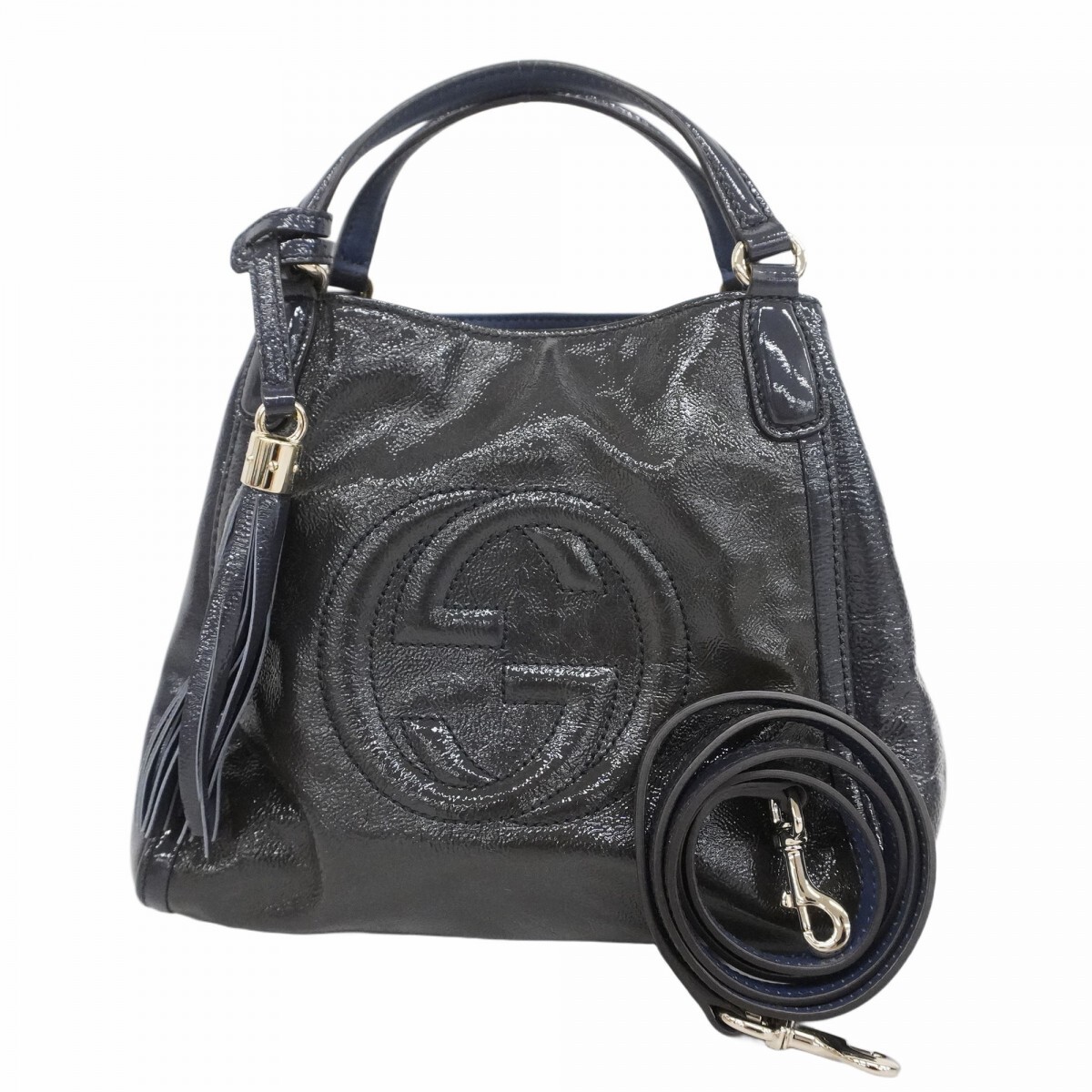 GUCCI Soho Navy Enamel Handbag with Champagne Gold Hardware 996295