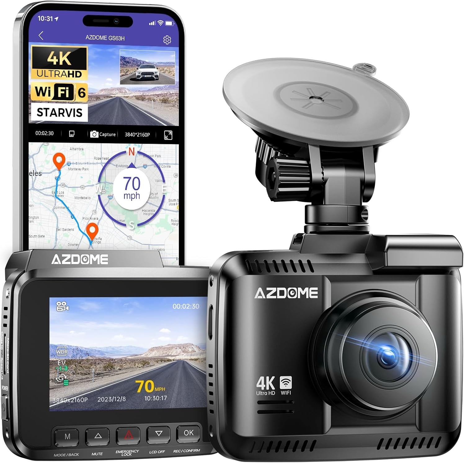 Azdome Telecamera per Auto 4K GPS WIFI Dash Cam Auto con Super Visione Notturna, - Immagine 1