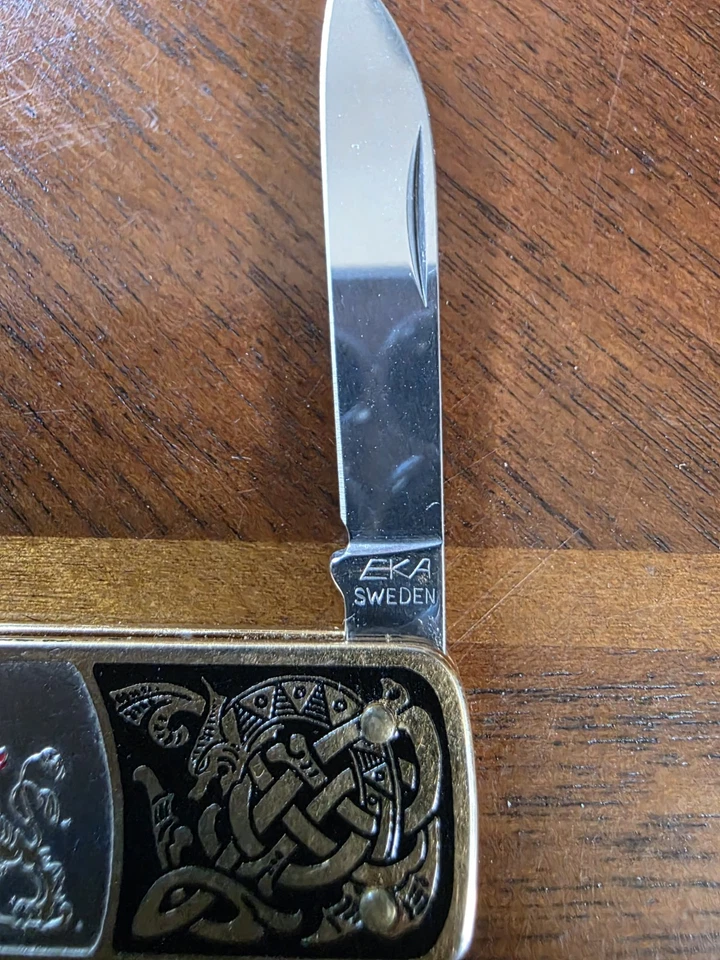 Rare 1971 EKA Swedish Brass Handle 3 Folding Blades Pocket Knife Made In Sweden - Image 4 of 4