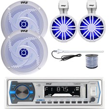 Pyle Single DIN Marine MP3 Receiver, 2x 3.5    Speaker, 2x 8'' Speakers W/Wire
