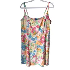 Old Navy Dress Linen Floral Sleeveless Smocked Back Beachy Pink Blue Size XL