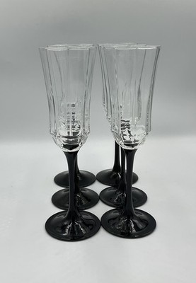 Vintage 80s Arcoroc Luminarc France Black Stem Octime Champagne Flutes Set of 6
